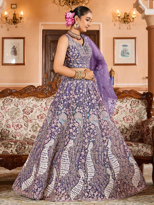 Purple  Net Fabric Sequins embroidery Semi Stitched Lehenga & Unstitched Blouse With Dupatta