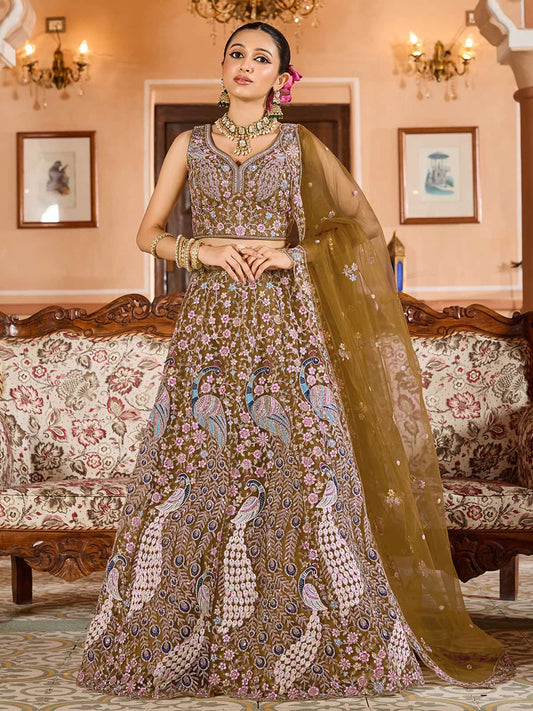 Mustard  Net Fabric Sequins embroidery Semi Stitched Lehenga & Unstitched Blouse With Dupatta