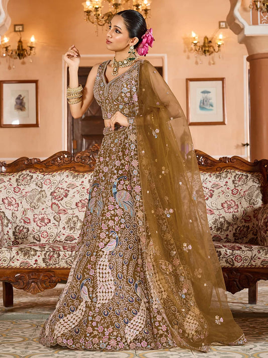 Mustard  Net Fabric Sequins embroidery Semi Stitched Lehenga & Unstitched Blouse With Dupatta