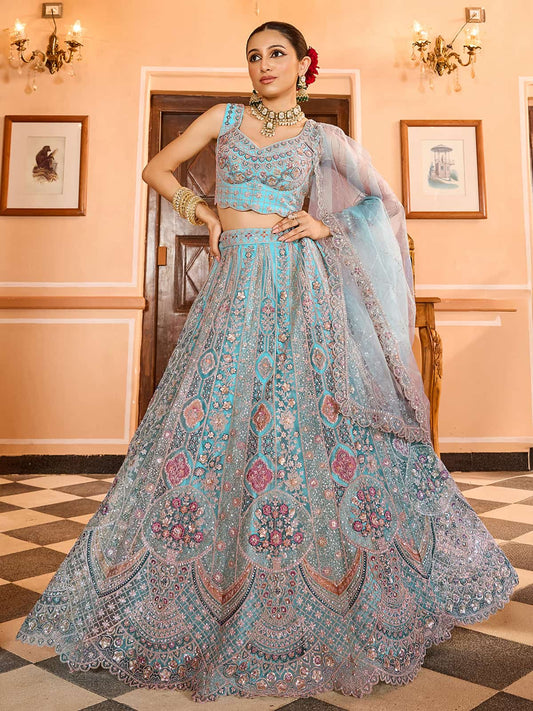 Turquoise blue  Net Fabric Sequins embroidery Semi Stitched Lehenga & Unstitched Blouse With Dupatta