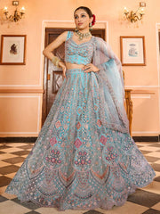 Turquoise blue  Net Fabric Sequins embroidery Semi Stitched Lehenga & Unstitched Blouse With Dupatta