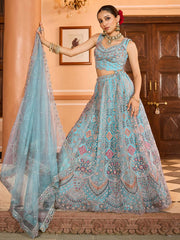 Turquoise blue  Net Fabric Sequins embroidery Semi Stitched Lehenga & Unstitched Blouse With Dupatta
