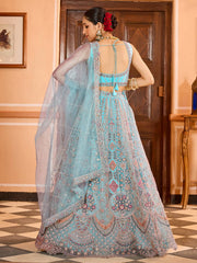 Turquoise blue  Net Fabric Sequins embroidery Semi Stitched Lehenga & Unstitched Blouse With Dupatta