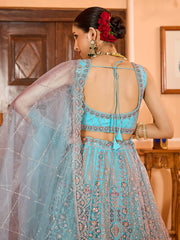 Turquoise blue  Net Fabric Sequins embroidery Semi Stitched Lehenga & Unstitched Blouse With Dupatta