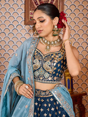 Navyblue  Tissue Silk Fabric Sequins embroidery Semi Stitched Lehenga & Unstitched Blouse With Dupatta