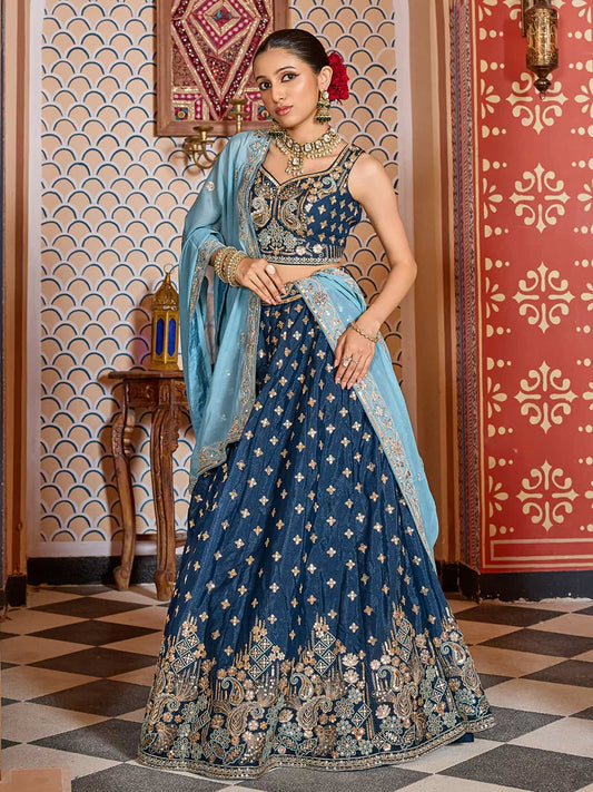 Navyblue  Tissue Silk Fabric Sequins embroidery Semi Stitched Lehenga & Unstitched Blouse With Dupatta