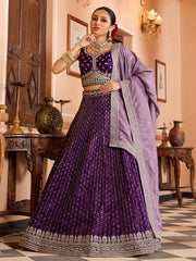 Purple  Tissue Silk Fabric Sequins embroidery Semi Stitched Lehenga & Unstitched Blouse With Dupatta