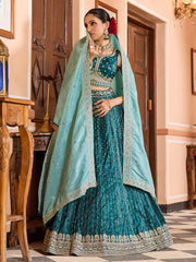 Teal  Tissue Silk Fabric Sequins embroidery Semi Stitched Lehenga & Unstitched Blouse With Dupatta