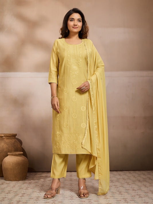 Women Ethnic Motifs Embroidered Regular Thread Work Pure Cotton Kurta with Trousers & With Dupatta