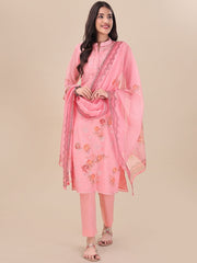 Pink Floral Embroidered Straight Kurta & Trousers With Dupatta