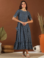 Navy blue Bandhini Printed Cotton Tie Up Lace Fit & Flare Midi Ethnic Dress
