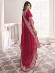 Magenta And Gold-Toned Polka Dots Embroidered Sequinned Saree