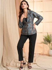 Blue Floral Printed Lapel Collar Formal Tailored Jacket