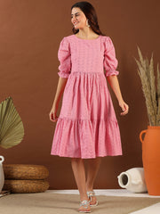 Pink Chikankari Embroidered Tiered Cotton Fit and Flare Midi Ethnic Dress