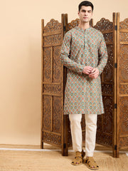 Green Floral Printed Mandarin Collar Zari Cotton A-Line Kurta