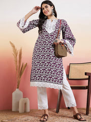 Purple Floral Printed Thread Work Straight Kurta