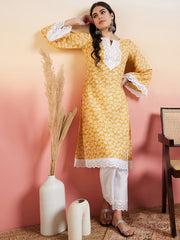 Mustard Floral Printed Thread Work Straight Kurta