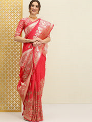 Coral Pink & Gold-Toned Paisley Zari Banarasi Saree