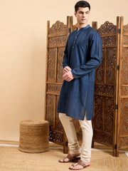 Navy Blue Striped Embroidered Mandarin Collar Straight Kurta