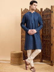 Navy Blue Striped Embroidered Mandarin Collar Straight Kurta