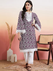 Purple Floral Printed Thread Work Straight Kurta