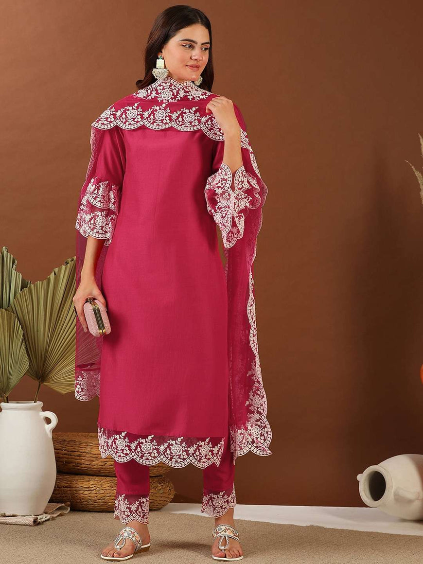 Women's Solid Straight Blue Zari Work Kurta Set with Dupatta main image 0