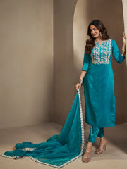 Amyra Dastur Turquoise Floral Yoke Design Thread Work Pure Silk Straight Kurta with Trousers & Dupatta
