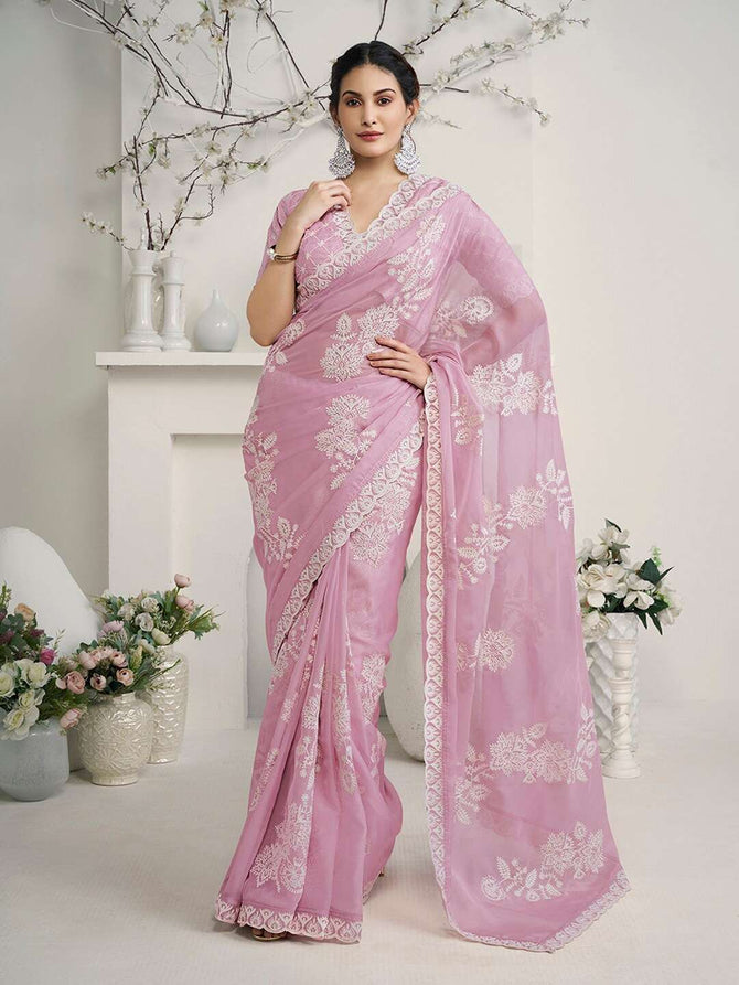 Pink Crunchy Ethnic Beautiful Embroidered Saree