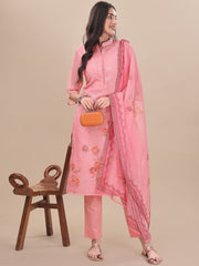 Pink Floral Embroidered Straight Kurta & Trousers With Dupatta