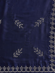 Navy Blue Embellished Beads and Stones Satin Saree