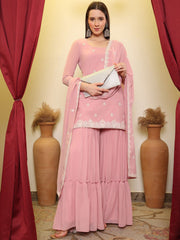 Pink Sequence Embroidered Kurta With Sharara & Dupatta