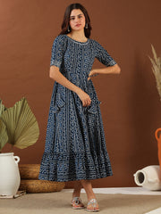 Navy blue Bandhini Printed Cotton Tie Up Lace Fit & Flare Midi Ethnic Dress