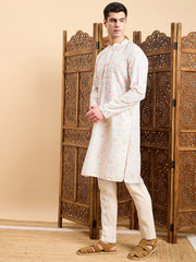 Off White Geometric Embroidered Mandarin Collar Straight Kurta