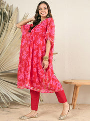 Red & pink Floral Printed V-Neck Regular Kaftan Kurta With Trousers
