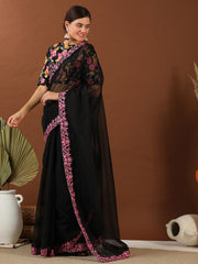 Black And Pink Embroidered Organza Saree
