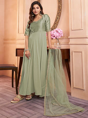 Green Embroidered Fit & Flare Georgette Ethnic Dress & Dupatta