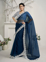 Amyra Dastur Navy Blue Embroidered Woven Design Organza Saree