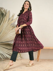 Maroon Ethnic Woven Design Pleated Pure Cotton A-Line Kurta With Trousers