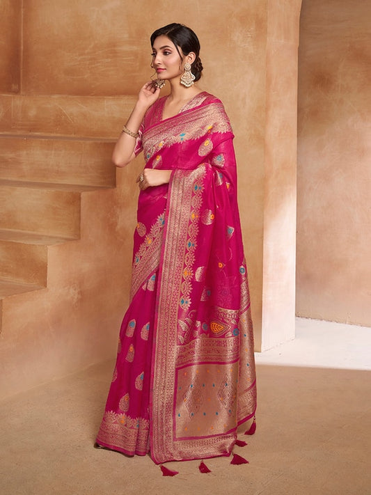 Magenta Ethnic Motif Woven Design Zari Organza Saree