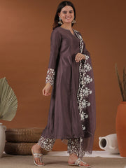 Mauve Notched Neck Thread Work A-Line Kurta with Trousers & With Dupatta