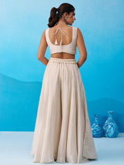 Cream Viscoce Beads Embroidered Crop Top with Flared Cape and Palazzo Set