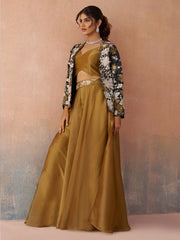 Golden Mustard Tissue Floral Embroidered Crop Top with Jacket and Palazzo Set