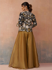 Golden Mustard Tissue Floral Embroidered Crop Top with Jacket and Palazzo Set