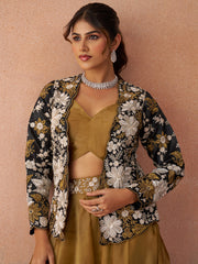 Golden Mustard Tissue Floral Embroidered Crop Top with Jacket and Palazzo Set