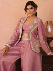 Pink Tissue Floral Embroidered Crop Top with Jacket and Flared Palazzo Set