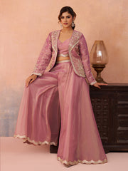 Pink Tissue Floral Embroidered Crop Top with Jacket and Flared Palazzo Set