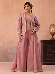 Pink Tissue Floral Embroidered Crop Top with Jacket and Flared Palazzo Set