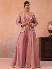 Pink Tissue Floral Embroidered Crop Top with Jacket and Flared Palazzo Set