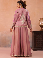 Pink Tissue Floral Embroidered Crop Top with Jacket and Flared Palazzo Set