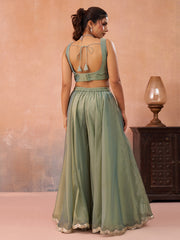 Sage Green Tissue Floral Embroidered Crop Top with Jacket and Flared Palazzo Set